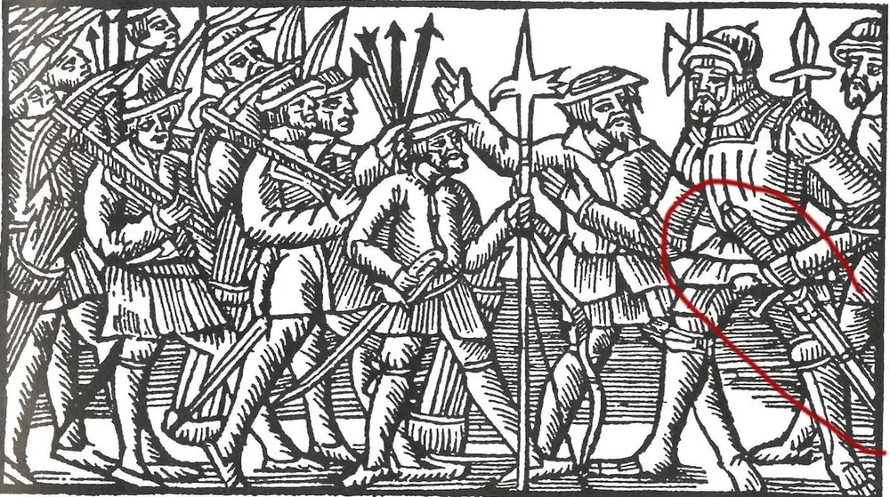 Illustrasjon fra Olaus Magnus' "Historia om de nordiske folken": "Futen måtte myndig instruere sine menn, hvis han vaklet ville han være i livsfare". Illustrasjonen viser flere menn med armbrøster og hellebarder, samt futen i rustning med en hånd på sitt tohåndssverd, som sitter i sliren.