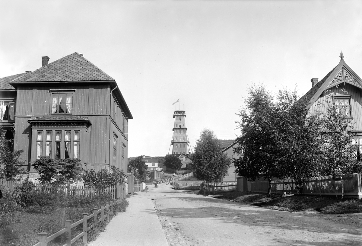 Fra landsutstillingen i Skien 1891.Frognerveien,rektorboligen tilhørende latinskolen ved Brekkeby samt utstillings tårnet "Valhall" i bakgrunn. Bildet nr. 2 fra landsutstillingen 1891.