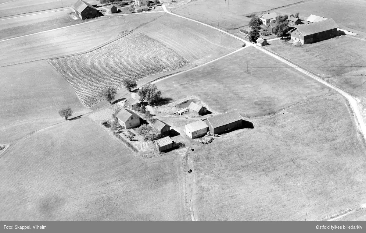 Skråfoto av gården Glomsrud i Rakkestad, 29. juli 1951.