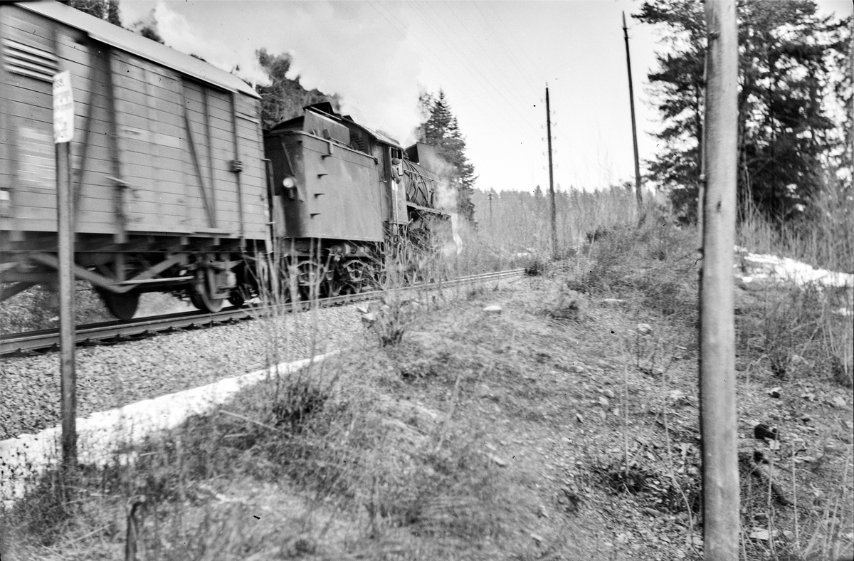 Ekstratog 7318 i forbindelse med hjemreisen fra påskeferie 2. påskedag, ved Furuberget mellom Jessnes og Hamar. Toget trekkes av damplokomotiv type 31b nr. 429.