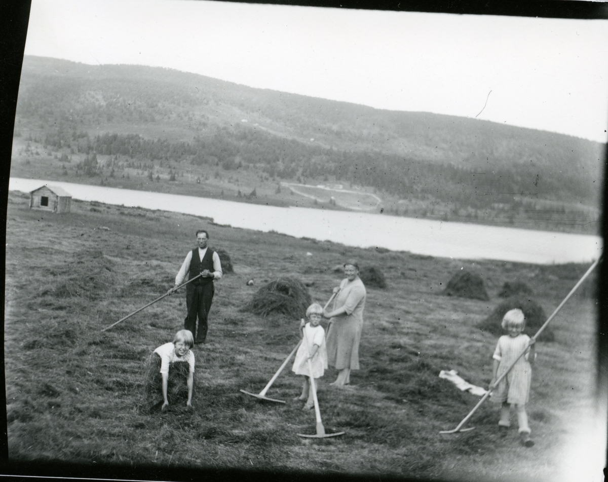 Arbeid på stølen. Kvinne og mann med tre barn raker for på et stølsjordet. Det er et vatn i bakgrunnen og en liten løe på jordet.