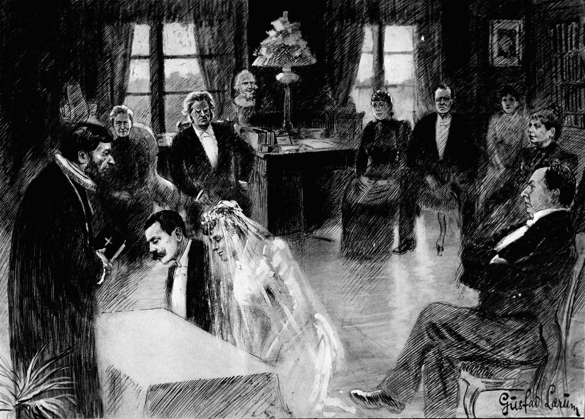 Aulestad, bryllup, Sigurd Ibsen og Bergljot Bjørnson viet, tegning av G. Lærum