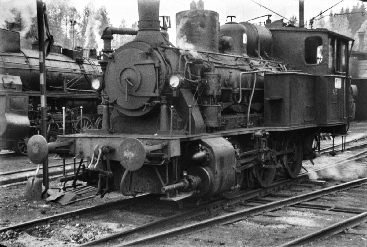 Damplokomotiv type 25d nr. 423 ved lokomotivstallen på Hønefoss stasjon.