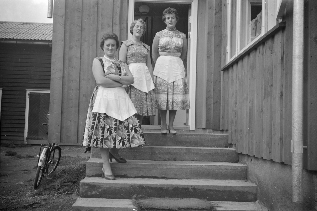 Tre kvinner med forklær - Ingeborg Børresen, Mathea Staum og Ingrid Kvisberg, på Vie, Forsetgrenda, Vestre Gausdal