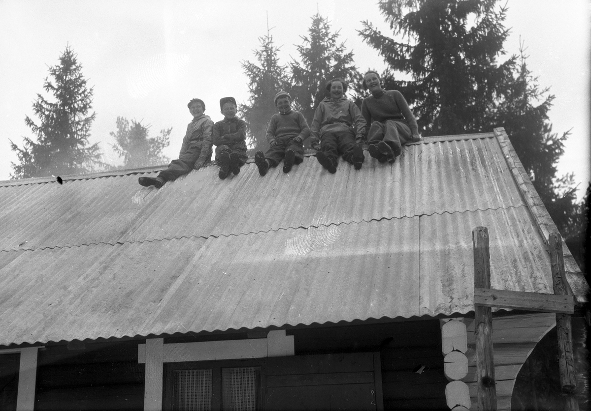 Fem personer sitter på taket.