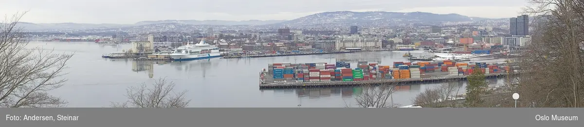 Panorama, sjø, havn, fjord, båt, skip, festning, byggearbeider, kran, mudder,