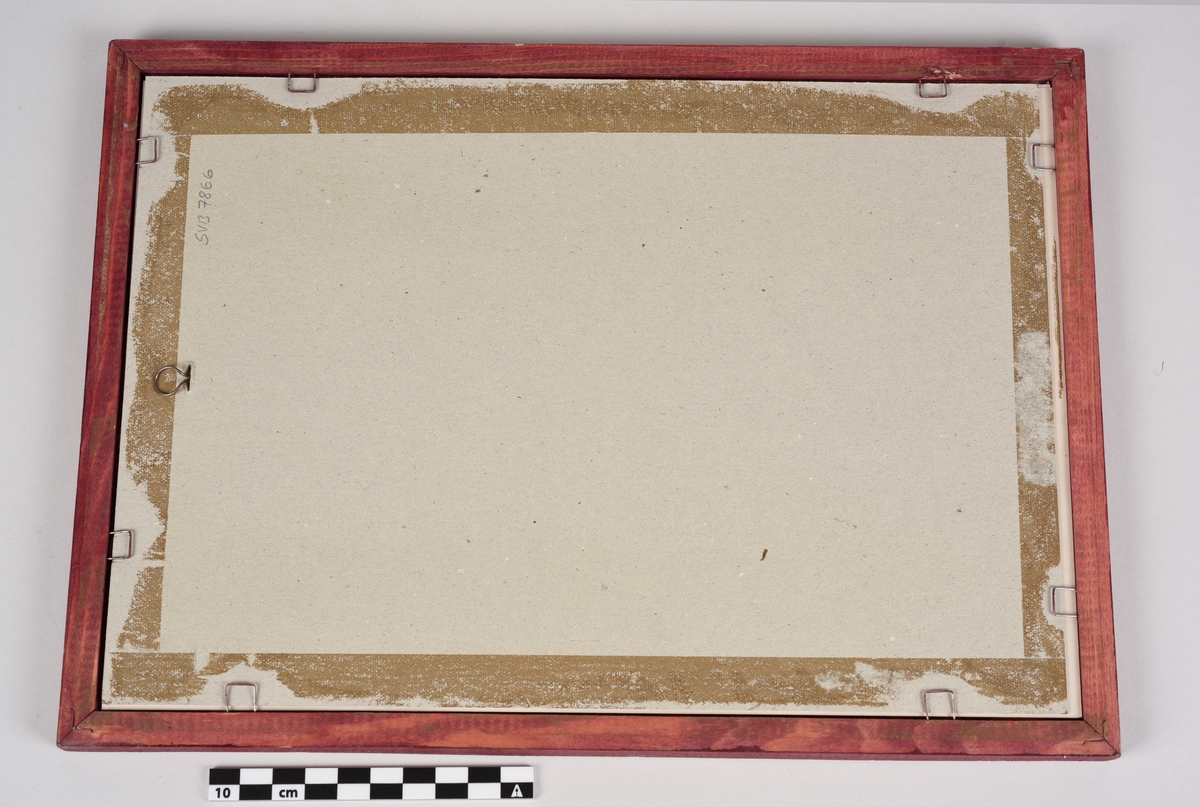 Rektangulært pappark i treramme med glassplate og passepartout. Det er trykt og maskinskrevet tekst og to håndskrevne signaturer. Det er trykt fargegrafikk og mønster av skiløpere og barlindgren.