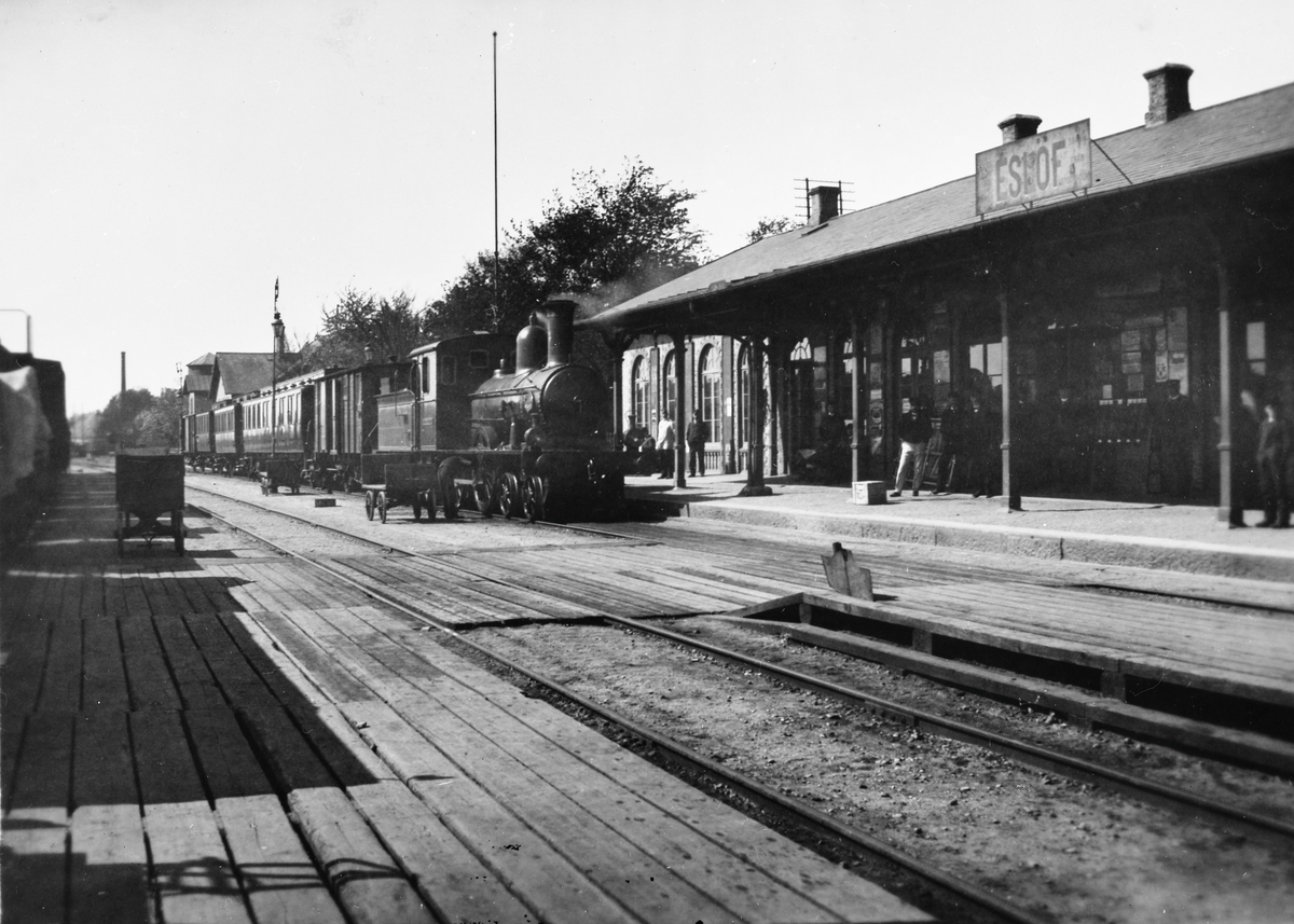 Statens Järnvägars station Eslöv omkring 1905. Persontåget på bilden är ett tåg från Landskrona & Helsingborgs Järnvägar, L&HJ, draget av lok nummer 14 "R Tornerhjelm". 
Det ursprungliga stationshuset från 1858 ombyggdes 1866 och fick det utförande som bilden visar. Det revs 1914 och ersattes av ett nytt.