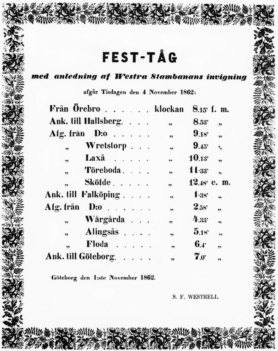 Affisch med tidtabell för festtåg med anledning Västra Stambanans invigning 1862.