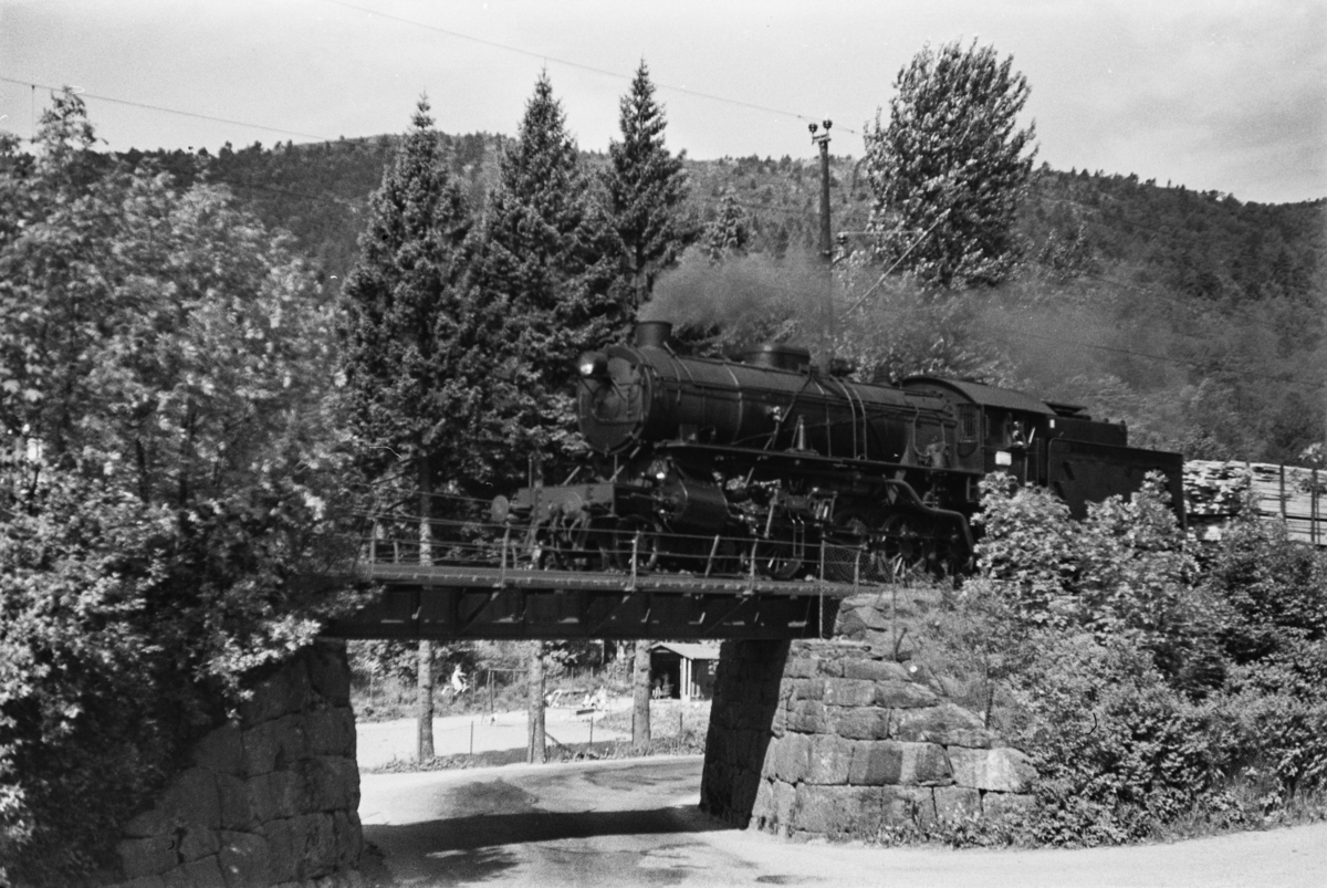 Damplokomotiv type 31a nr. 285 med godstog fra Bergen til Oslo, tog 5500, ved Fjøsanger.