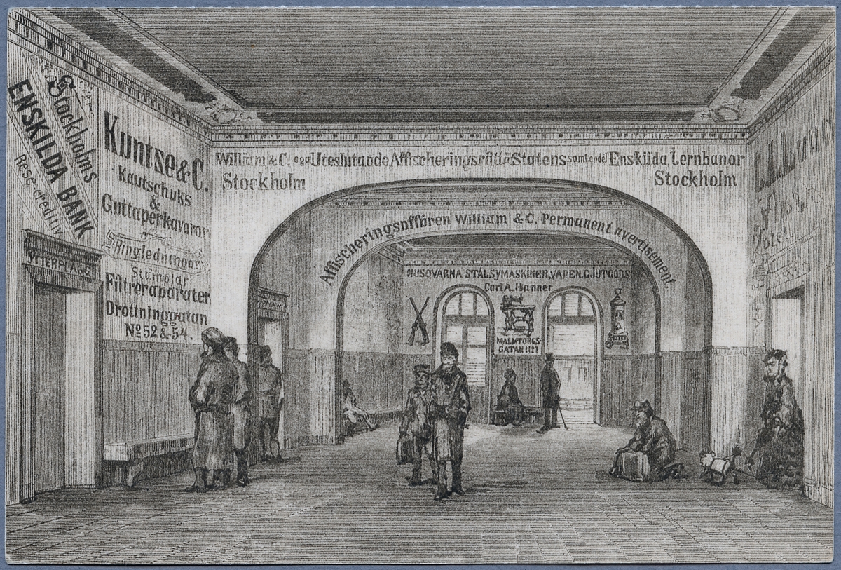 Träsnitt. Salen för ankommande resande vid Stockholm Central 1883.