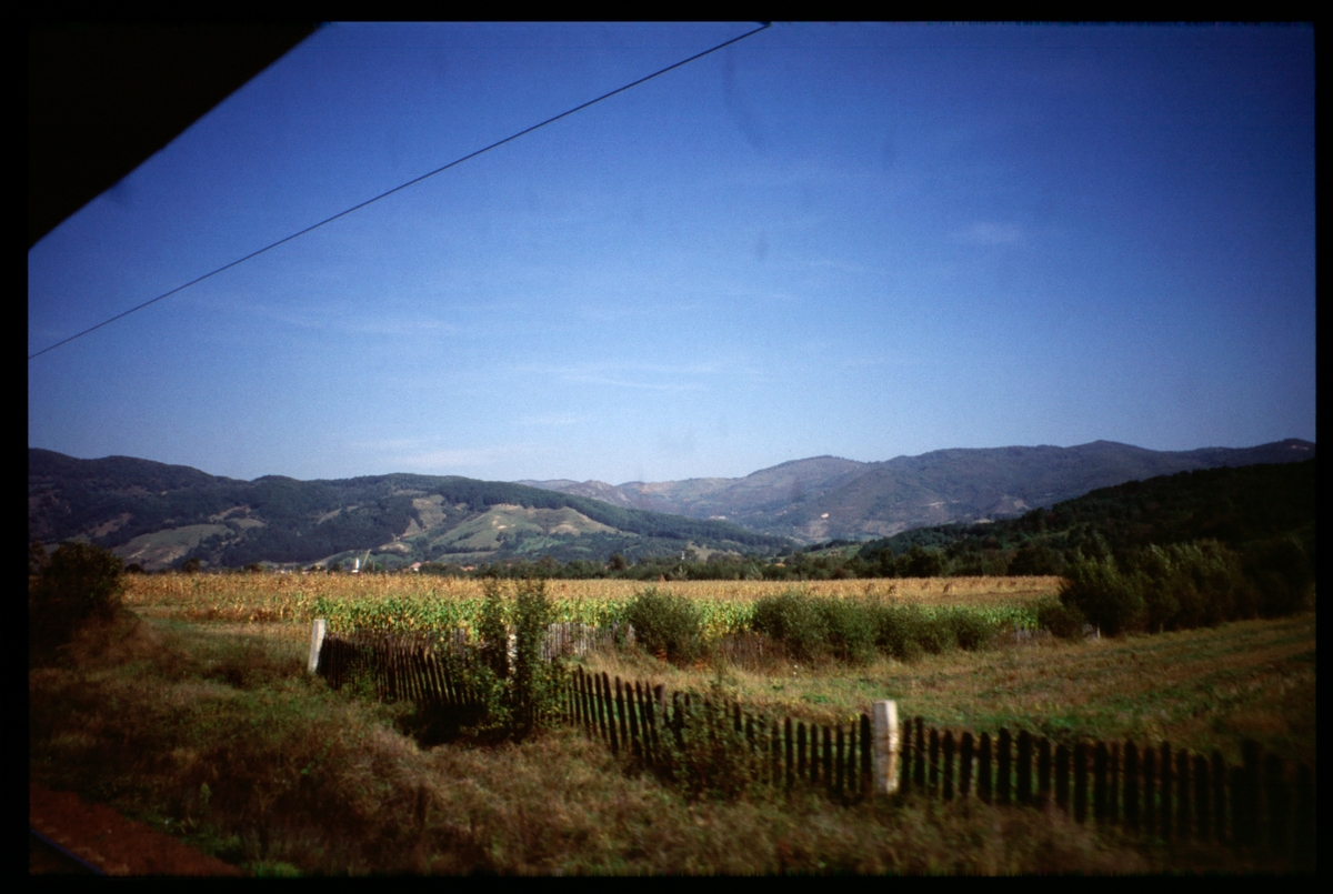 Vy från tågfönster på sträckan mellan Ponor och Baru Mare, Rumänien.