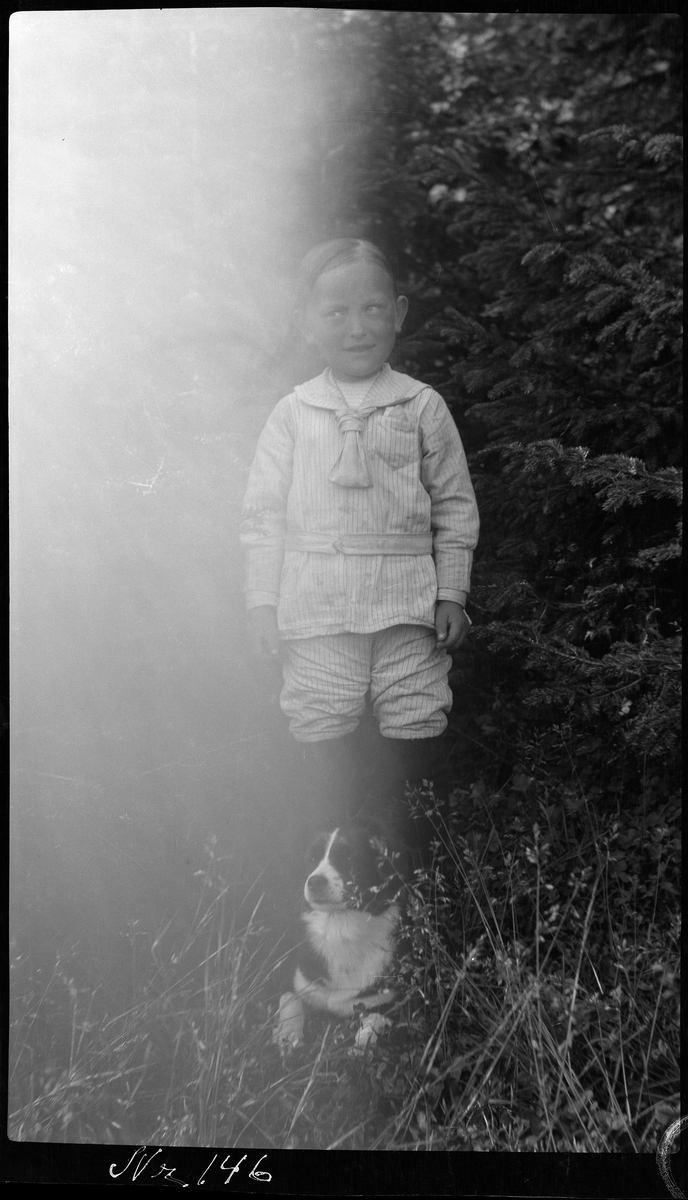 Portrett av liten gutt stående utendørs med hund.