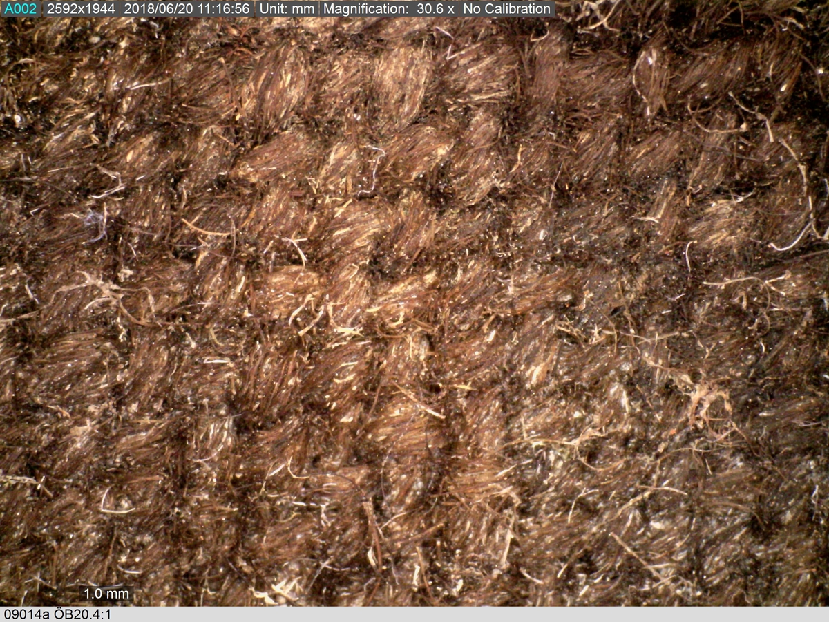 Textildokumentation 2018
Textil, fyndnumret består av mer än 50 st fragment uppdelade på 09014a-h.
Kontextgrupp ÖB20 (övriga fyndnummer i gruppen: 07732, 07762, 09228)
Relaterade fynd: Kontextgrupp ÖB17 och ÖB 18.
.
Fnr 09014a Typnr ÖB20.3:1
Sammanfattning - Ett textilfragment av ull vävt i tuskaft. Färgen är nu mörkbrun, fibrerna varierar i färg vilket tyder på att det är naturfärgad ull. Fibrerna är i vissa partier skadade på ytan och ser därför vita ut. Väven är tunn, jämn och fin och har inga spår av ytbehandling. Fragmentet har tre tillskurna kanter, två av dessa har spår av tre olika sömmar (söm 1: kvicksöm/förstygn). Formen tyder på att det är ett skört till en tröja. Andra delar: Jämför med 07726. 
.
Fnr 09014a Typnr ÖB20.4:1
Sammanfattning - Ett textilfragment av ull vävt i tuskaft. Färgen är nu mörkbrun, originalfärg okänd. I mikroskop ser tyget blåsvart ut. Väven är mycket jämn och slät. I sömsmånen på sida A finns bevarad lugg, på sida B är luggen så välbevarad att bindningen inte syns. Fragmentet har två tillskurna kanter med hål och avtryck av sömmar, även trådrester finns (söm 1: kaststygn - fälld kant, söm 2: ev förstygn - sammanfogande, söm 3: kaststygn - fälld kant). På sida B finns blåfärgad ull och silkesfibrer. 
.
Fnr 09014a Typnr ÖB20.5:1
Sammanfattning - Ett textilfragment av ull vävt i tuskaft. Väven är jämn och tät. En av kanterna är troligen tillskuren, inga sömrester finns. Tyget har inga spår av ytbehandling. På ytan finns en del bastfibrer. Relaterade fynd: Vävens struktur liknar ÖB20.4:1 men tygerna har ändå olika karaktär och detta fragment saknar lugg. 
.
Fnr 09014a Typnr ÖB20.6:1
Sammanfattning - Ett textilfragment av ull vävt i tuskaft. Färgen är nu brun, originalfärg är okänd men möjligen naturfärgad, fibrerna är mycket släta och varierar i färg från brun till nästan svart. Fragmentet är litet och mycket skadat, endast några få bindepunkter återstår vilket försvårar mätningar. 
.
Fnr 09014a Typnr ÖB20.7:1
Sammanfattning - Ett textilfragment av  ull vävt i tuskaft. Färgen är svartbrun, originalfärg okänd men möjligen naturfärgad då fibrernas färg varierar. Inga tydliga spår av ytbehandling. Väven är jämn men garnet är hårt spunnet vilket ger tyget en kypertkaraktär (falsk kypert). Fragmentet har inga tillskurna kanter eller sömmar. På ytan finns enstaka vita silkesfibrer.
.
Fnr 09014a Typnr ÖB20.8:1
Sammanfattning - Ett textilfragment av ull. Fragmentet är mycket litet och dåligt bevarat så bindningen är svår att avgöra, troligen 2/2 kypert. Färgen är svart, möjligen naturfärgad ull då fibrerna varierar något i färg. Tyget har ingen synlig ytbehandling. Garnet är hårt spunnet vilket ger tyget en speciell karaktär. 
.
Fnr 09014b Typnr ÖB17.1:8-11
Sammanfattning - Fyra textilfragment av ull vävt i tuskaft. Färgen är mörkbrun, originalfärg okänd men den bruna tonen slår mot röd. Tre av fragmenten har tillskurna kanter och spår av sömmar. Andra delar, som troligen kommer från samma tröja, är fnr 03261a och d, 09014h samt 09228a. 
Fragment ÖB17.1:9 - Fragmentet har två tillskurna kanter varav den ena har spår av en söm. Fragmentet är troligen sidostycket till en tröja. Den tillskurna kanten har då varit monterad mot tröjans bakstycke och bör ha hört samman med fyndnummer 03261d, vilket är ett bakstycke till en tröja.
Fragment ÖB17.1:10 - Fragmentet är mycket skadat men är troligen av typen ÖB17.1. Formen är densamma som för del av fragment ÖB17.1:9 och kan därför vara en dubblering av detsamma, alternativt det motstående sidostycket.
.
Fnr 09014c Typnr ÖB20.9:1-19
Sammanfattning - Nitton textilfragment av ull vävt i tuskaft. Färgen är brun, originalfärg okänd. Sida B har en kort tät lugg som döljer bindningen. På sida A finns ingen lugg och bindningen är synlig. Fjorton av fragmenten har tillskurna kanter och sömmar. Tre av fragmenten har sydda knapphål. Flera fragment är dräktdelar, till exempel finns en fragmentarisk krage. På ytan på flertalet fragment finns fibrer i flera klara färger, till exempel rosa, röd och blå. Vita fibrer finns i stor mängd, kan vara recenta.

Fragment ÖB20.9:1 - Fragmentet har flera tillskurna kanter med avtryck och hål efter olika typer av sömmar (söm 1: ev. sammanfogande, söm 2: kaststygn - fåll, söm 3: kaststygn - sammanfogande, söm 4: kaststygn - sammanfogande, söm 5: osäkert, söm 6: osäkert), trådrester finns. Kanterna och sömmarnas karaktär gör att sida A bedöms vara plaggets rätsida/utsida. Några hål som ej är stygnhål men kan vara original finns. I fragmentet sitter fast två stycken silkestrådar (söm 7: silkestråd med knut, fäst i tyget, söm 8:  silkestråd med ögla, fäst i tyget). Det är samma typ av tråd som knapphålen på fragment ÖB20.9:2 är sydda med. På sida A finns ett område med extra mycket korrosion och även en långsmal vitaktig avlagring.

Fragment ÖB20.9:2 - Fragmentet har inga bevarade tillskurna kanter, dock finns en någorlunda välbevarad rad med knapphål. Samtliga knapphål är trasiga i ena sidan så deras ursprungliga storlek går ej att avgöra. Knapphålen är sydda med knapphålsstygn i silkestråd och sitter med 13-15 mm mellanrum (c/c mått). Det tvärställda tränsen består av ca 10 stygn och syns ej på sida B, tränsens knutar sitter vända från knapphålet. På sida B anas rester av bastfiber under knapphålsstygnen, troligen från en dubblering av tyget eller ett foder. 

Fragment ÖB20.9:3 - Fragmentet har fyra stycken knapphål, varav ett är helt. Knapphålen är skurna på skrådden. Eventuellt finns spår av en söm längs en del av kanten. Knapphålsstygn och trådrester är mycket fragmentariska.

Fragment ÖB20.9:4 - Fragmentet har tre stycken knapphål.  Knapphålen är sydda med knapphålsstygn i silkestråd. Knapphålens längd är 19-20 mm och de sitter med 18-22 mm mellanrum (c/c mått). Eventuellt är fragmentets ena kant en sömsmån, kan ha varit monterad mellan andra tyglager (kanten har avvikande färg). Under knapphålsstygnen på sida B finns rester av annat material, eventuellt bastfiber. Bastfibrer finns också utspridda över ytan på sida B, kan vara rester av en dubblering till tyget eller ett foder, se fragment 9:2. På sida A finns avlagringar och korrosion. 

Fragment ÖB20.9:5 - Fragmentet har bristningar i tyget som ser ut som knapphål, dock finns inga rester av stygnhål eller tråd. Fragmentets ena kant är troligen en sömsmån, kan ha varit monterad mellan andra tyglager (kanten har avvikande färg). Enstaka spår av söm och tråd finns längs kanten (söm 1), dessa är mycket otydliga. På fragmentets andra (mycket trasiga) kant finns ett mycket tydligt stygnhål. Fragment 9:4 och 9:5 ser ut att kunna höra ihop, dock går trådsystemen åt olika håll så det är inte fallet.

Fragment 9:6-9 - Till det stora fragmentet 9:6 hör det lilla lösa fragmentet 9:7. I fragment 9:6 sitter två fragment fastsydda, 9:8 och 9:9. De sammansydda fragmenten har tre tillskurna kanter och spår av minst fem sömmar (söm 1: kaststygn, söm 2: förstygn el. liknande - sammanfogande, söm 3: kaststygn, söm 4: sammanfogande, fäster ihop 9:6 med 9:8 och 9:9, söm 5: två stygnhål), trådrester finns. Det är troligt att 9:8 och 9:9 är delar av samma tillskurna bit, och att den utgjort en dubblering till 9:6 (inklusive 9:7). Den tillskurna formen ser ut att vara en krage. Fragmentet skulle då vara en halv krage, bevarad från framkant till nästan mitt bak. På sida A finns en beläggning på delar av ytan. På sida B finns en mängd fibrer i klara färger: blå, vit, rosa, tegelröd, orange, karminröd, grön, mörkgul och grå. fibrerna ligger ytligt med nästan samtliga sitter delvis fast i tygets lugg eller har en eller båda ändar nere i vävens bindning. Fibrerna bör därför vara ursprungliga. Sida A har en mindre mängd av nämnda fibrer, mest förekommande på ytan av fragment 9:8 och 9:9.

Fragment ÖB20.9:10 - Fragmentet har två tillskurna kanter. Dessa är invikta mot sida B som en 6-7 mm bred fåll som är fastsydd med kaststygn, trådrester finns (söm 1 och 2). Fragmentet kan vara ett skört till en tröja. På båda sidors yta finns fibrer i klara färger: grå, ljusblå, orange, orangebrun, vitgul, blå svart, vit, röd, korallröd och rosa.

Fragment ÖB20.9:11 - Fragmentet har tre tillskurna kanter med sömmar. Två av kanterna är invikta och fastsydda mot sida B, som fållar (söm1: kaststygn - fåll, söm 2: kaststygn - fåll). Stygnen går ej igenom till sida A men sömmen syns som bucklor i fragmentets yta. Söm 3 längs den tredje kanten har troligen varit en sammanfogande söm sydd med kaststygn. Stygn och trådrester finns bevarade från samtliga sömmar. Under fållen vid söm 1 finns ett litet fragment av en annan textiltyp. Troligen ursprungligen en dubblering eller liknande. Fragmentet är ca 10x5 mm stort och har fått typnummer ÖB20.16:1. På ytan på sida B finns enstaka bastfibrer.

Fragment ÖB20.9:12 - Fragmentet har två tillskurna kanter med sömmar (söm 1: ev kaststygn, söm 2: osäker). Vid söm 2 är sömsmånen vikt mot sida B. Vid söm 1 är kanten inte vikt. Fragmentet har samma form som ÖB20.9:6, "kragen".

Fragment ÖB20.9:13 - Fragmentet har två tillskurna kanter med sömmar (söm1: sammanfogande, söm 2: osäkert). De två övriga kanterna är eventuellt också de tillskurna men spår av eventuella sömmar är för otydliga. Enstaka fibrer med klara färger (rosa, blå, vit) finns på båda sidor, fler på sida B. Vid söm 2 finns på ett ställe en fiberknippa som kommer upp ur vävens bindning, kan vara rester av en tråd och är eventuellt halsplat silke. 

Fragment ÖB20.9:14 - Fragmentet har en tillskuren kant med söm (söm1: ev sammanfogande). I stygnhålen finns rester av tråd.
.
Fnr 09014c Typnr ÖB20.10:1
Sammanfattning - Ett textilfragment av ull vävt i tuskaft. Färgen är brun, originalfärg okänd. Sida B har en kort och tät lugg, bindningen syns bara på sida A. Längs ena kanten finns tre stycken tydliga hål. Hålen är gjorda med ett verktyg som skär av fibrerna snarare än tränger undan dem.
.
Fnr 09014c Typnr ÖB20.16:1
Sammanfattning - Fragmentet är mycket litet och sitter inuti den invikta fållen på fragment 09014c ÖB20.9:11, det sticker bara fram någon millimeter. Fragmentet är mycket skört. Bevarandegrad och storlek gör mätningar svåra. Det är olika garn i trs 1 och trs 2. Sida B är täckt av en lugg, på sida A syns bindningen, om än fragmentariskt.
.
Fnr 09014d Typnr ÖB18.16:2-8
Ej dokumenterad
.
Fnr 09014d Typnr ÖB20.11:1-2
Ej dokumenterad
.
Fnr 09014e Typnr ÖB20.12:1-4
Sammanfattning - Fyra textilfragment av ull vävt i tuskaft. Färgen är brun med inslag av täckhårsfibrer i en mörkare brun färg, originalfärg okänd. Fragmenten är mycket fragmentariska med trs 1 bättre bevarat än trs 2. Enbart på en del av fragment ÖB20.12:1 finns trs 2 samt bindningen bevarad. Utspridda över tygets yta finns grova bastfibrer samt korrosionsfläckar. 
.
Fnr 09014f Typnr ÖB20.13:1
Sammanfattning - Ett textilfragment av ull vävt tuskaft. Färgen är mörkbrun, fibrerna varierar mellan ljus och mörk brun. Originalfärg okänd, möjligen naturfärgad ull. Garnet är hårt spunnet vilket ger väven en särskild karaktär, sida A har en mer strukturerad ytan än sida B. Fragmentet har inga tillskurna kanter. På sida A finns enstaka röda och gulgröna silkesfibrer, samt bastfibrer. På sida B finns enstaka blå, vita och rosa silkesfibrer.
.
Fnr 09014g Typnr ÖB20.14:1-3
Sammanfattning - Tre textilfragment av ull och bastfiber vävt i tuskaft. Färgen är beige för bastfibern (trs 1) och svartblå för ullen (trs 2). Trs 2 är mycker grövre än trs 1. Trs 1 är nästan helt försvunnet. Två av fragmenten har tillskurna kanter och ett har spår av en sömsmån. På ytan av fragmenten finns en stor mängd bastfiber samt en vit/rosa tuss med silke. På fragment 14:2 finns några intensivt blå ullfibrer.
.
Fnr 09014h Typnr ÖB17.1:12-13
Sammanfattning - Två textilfragment av ull vävt i tuskaft. Färgen är brun, originalfärg okänd. Det större fragmentet är tillskuret och har spår av sömmar. Fragmentet är en ensömsärm med sömmen placerad mitt bak på ärmen. På ytan finns stora rostfläckar. Andra delar: Hör troligen (trots färgskillnad) till skelettet Beatas tröja, se fnr 03261a-d, 09228a, 09014b och h.