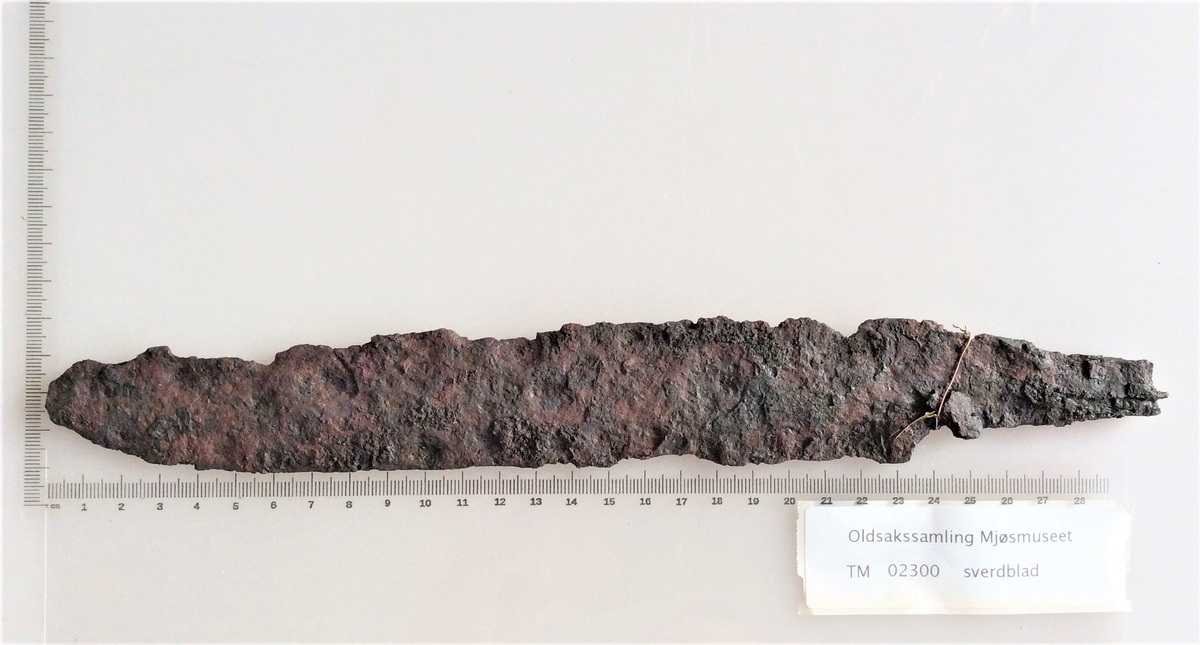 Sverdblad eller stor kniv av jern fra yngre romersk jernalder.  Funnet i en kvinnegrav på Vestby under Evang i 1885