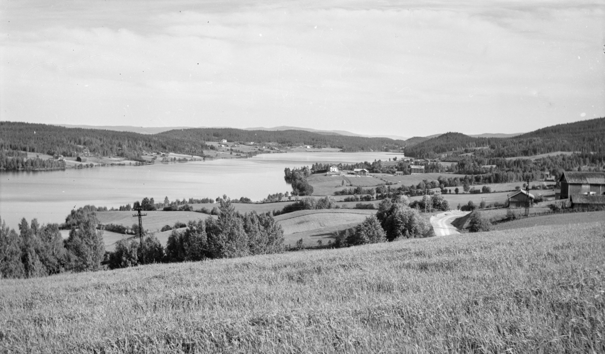 Hukusjøen i Grue kommune og Åsnes kommune. Midt på bildet ses garden Årnes med mølle og i bakkant Skjelmerud skole