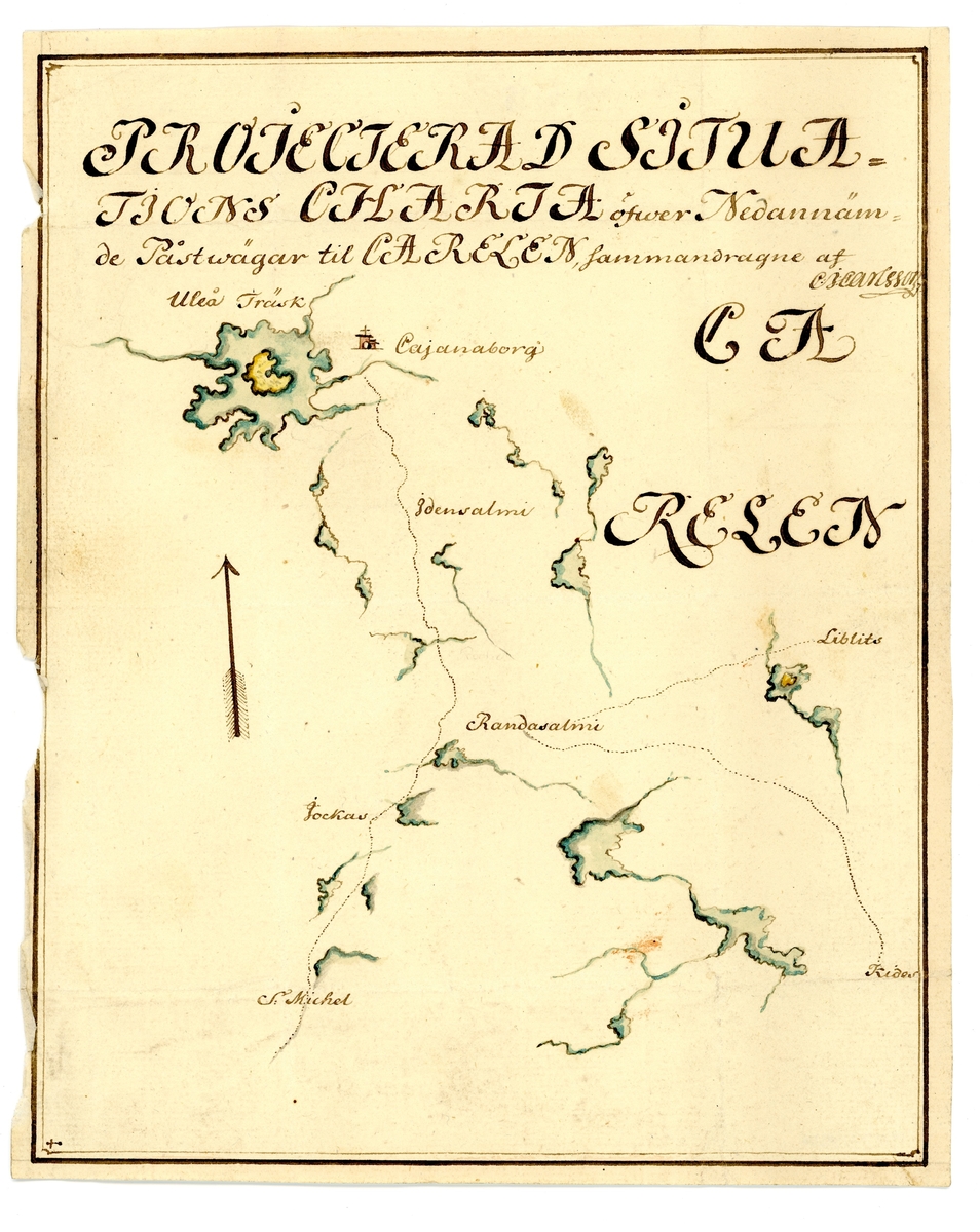Postkarta över postvägar till Karelen i dåvarande Svenska Finland under mitten av 1700-talet, av C J Carlsson. Kartan är ritad och färglagd för hand.