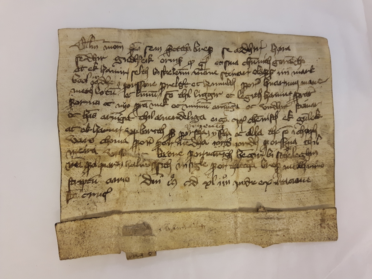Skjøte fra Gudleik Ormssøn til Steinar Olafssøn på 4 markebol jord i Forsne 14 sept 1444.