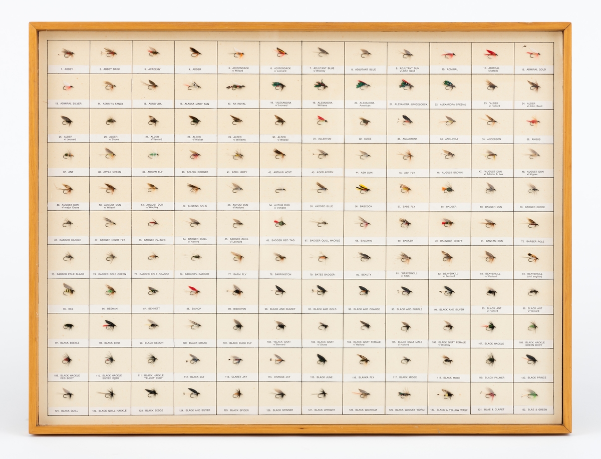 132 ørretfluer i en serie på ca. 1000 fluer bundet av Erling Sand. Fluene er delt i åtte grupper, innrammet i 8 trerammer med beskyttelsesglass, for å henge på vegg. I hver ramme er fluene montert på en papplate i 11 rader og 12 kolonner. Hver flue er merket med navn og nummer. I denne ramma er fluene nummerert fra nr. 1-132.