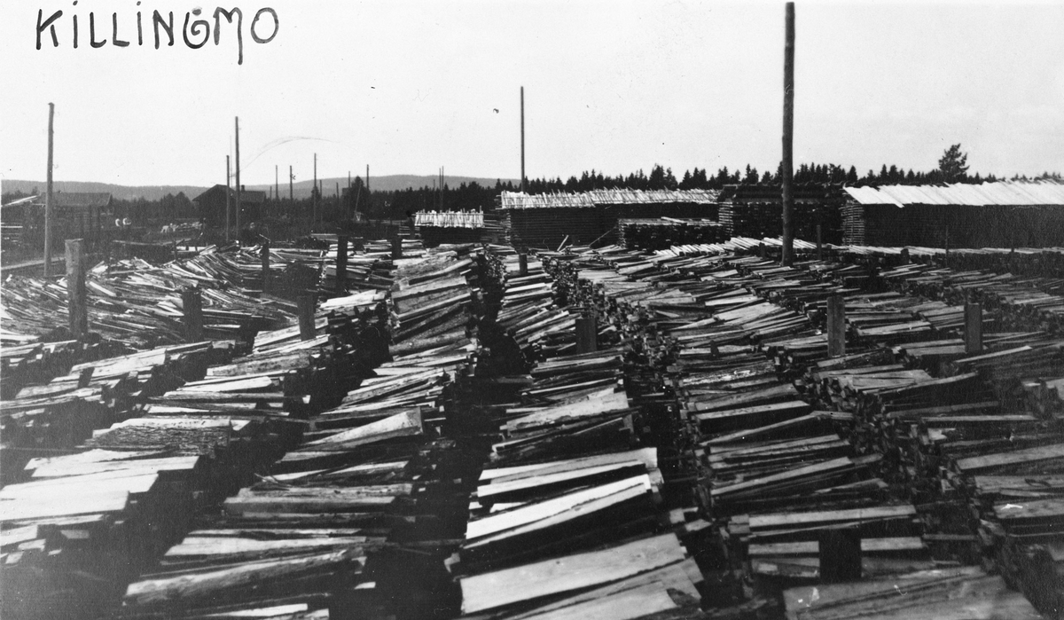 Ved- og plankelagre som venter på transport, trolig under krisen i 1918.
