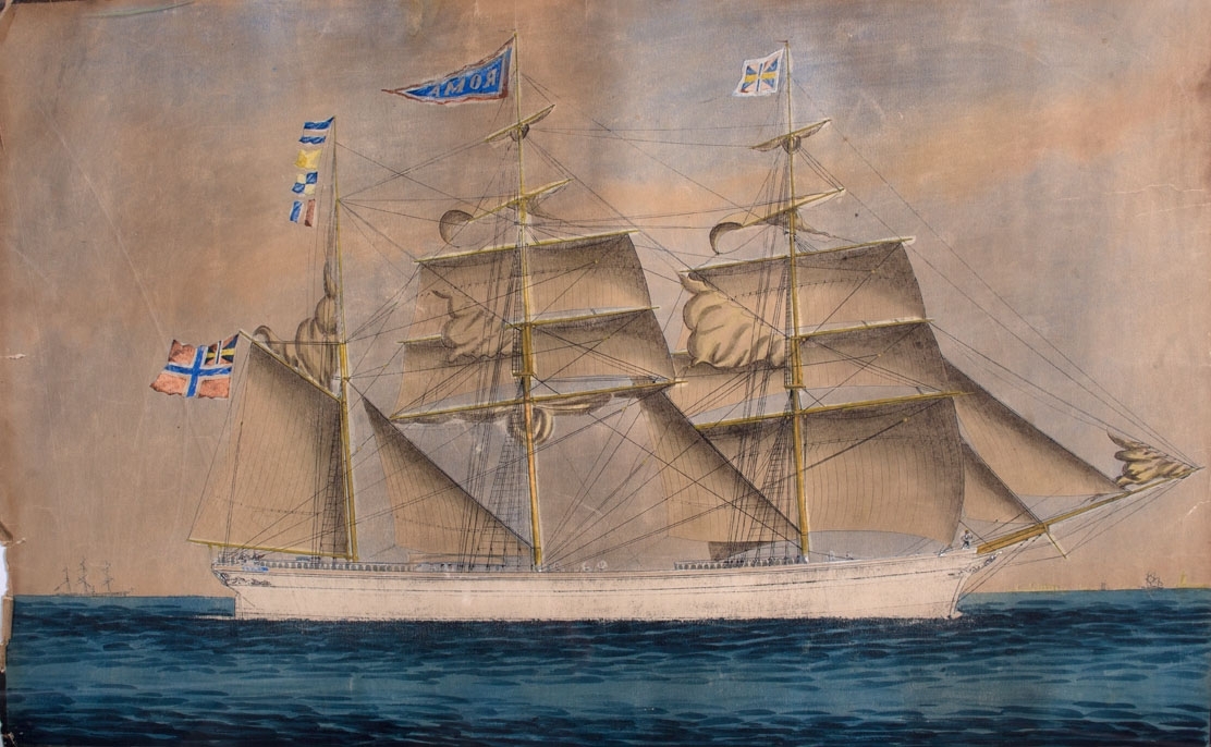 Skipsportrett av bark ROMA med seilføring. Fører unionsflagg i mesanmast vimpel med skipets navn i toppmast og gjørs.