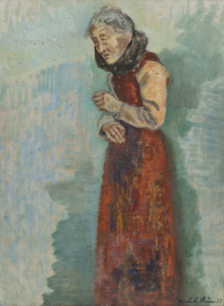 Portrett av eldre kvinne i helfigur