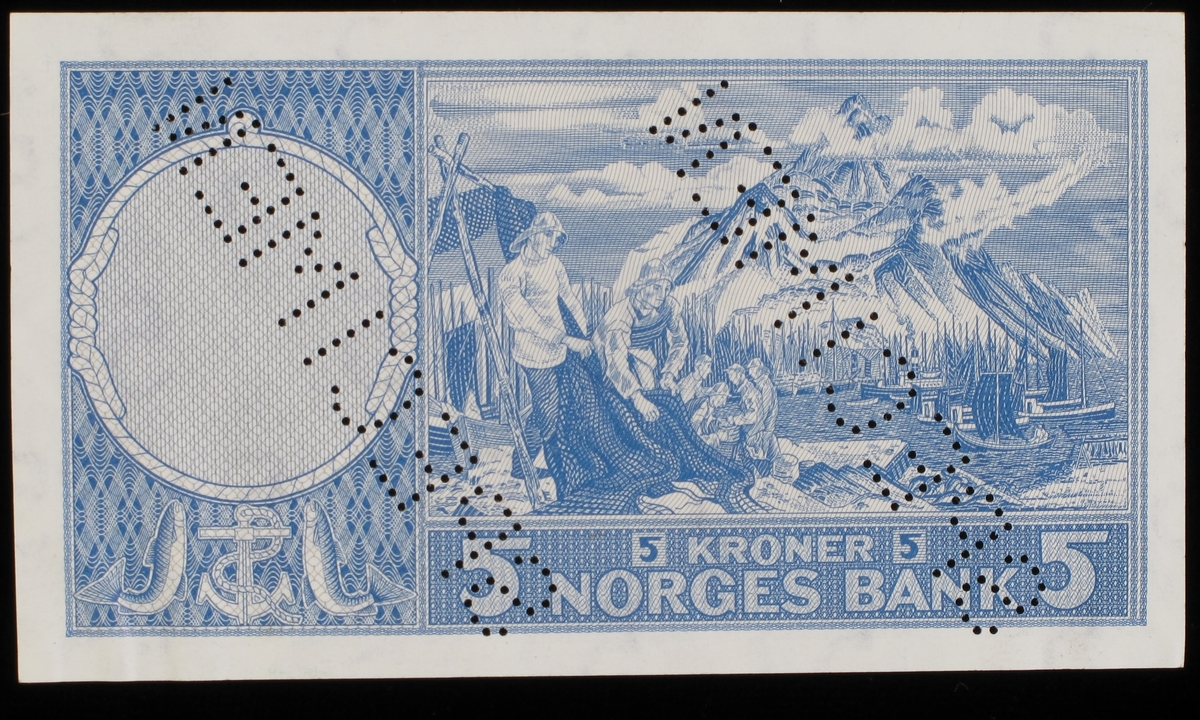 Portrett av Fridtjof Nansen. På revers side motiv fra Lofoten, fjell, fiskebåter, fiskere i arbeid m.m.