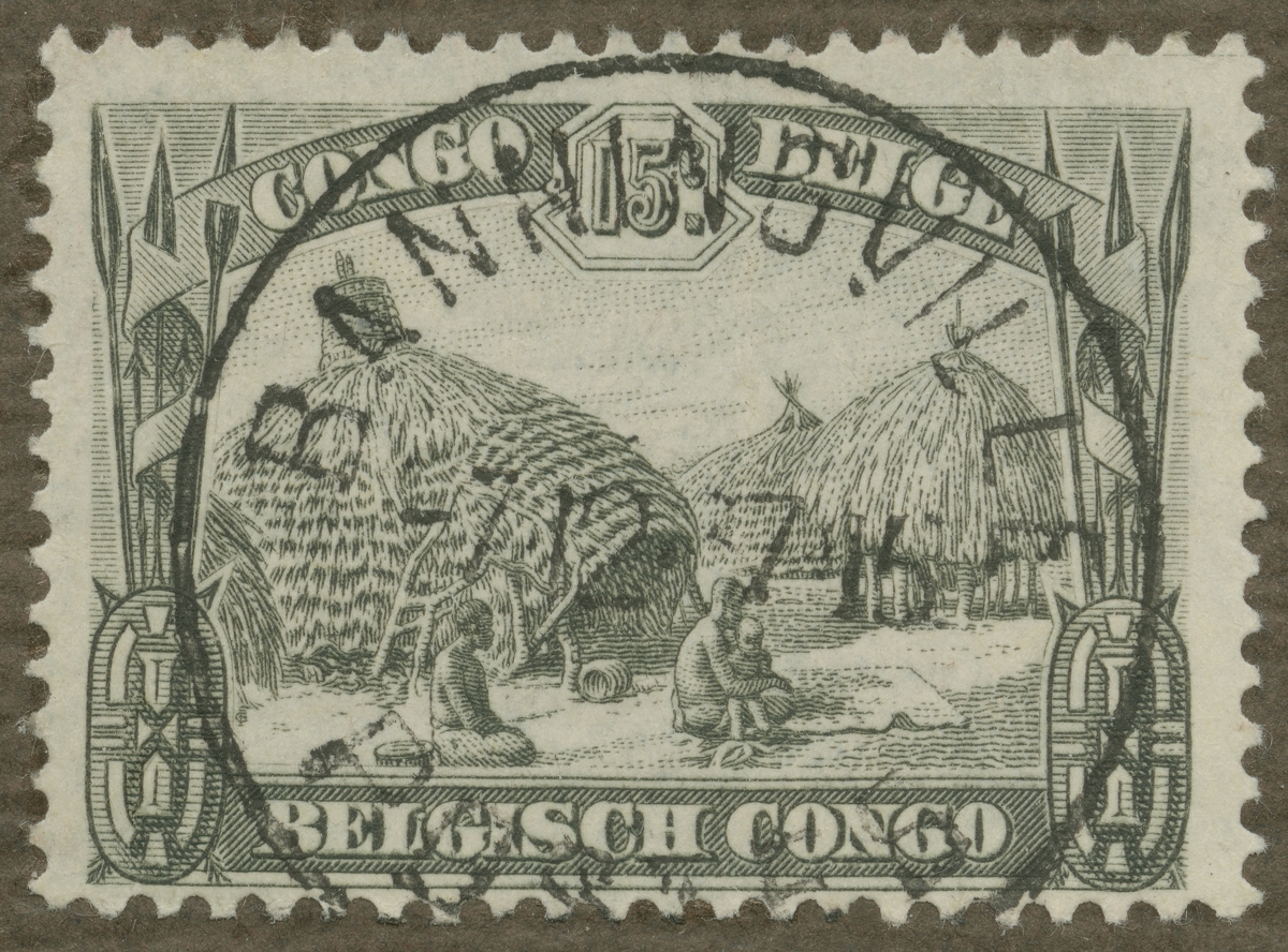Frimärke ur Gösta Bodmans filatelistiska motivsamling, påbörjad 1950.
Frimärke från Bengaliska Congo, 1932. Hydda i Kraal i Kivu, Kongo.