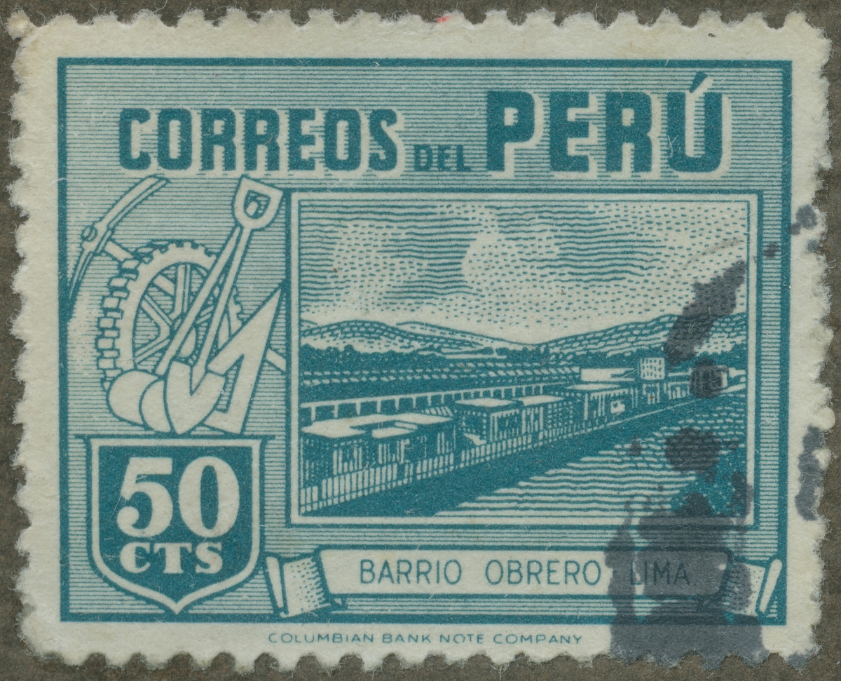 Frimärke ur Gösta Bodmans filatelistiska motivsamling, påbörjad 1950.
Frimärke från Peru, 1938. Motiv av peruanska arbetarbostäder i Lima.