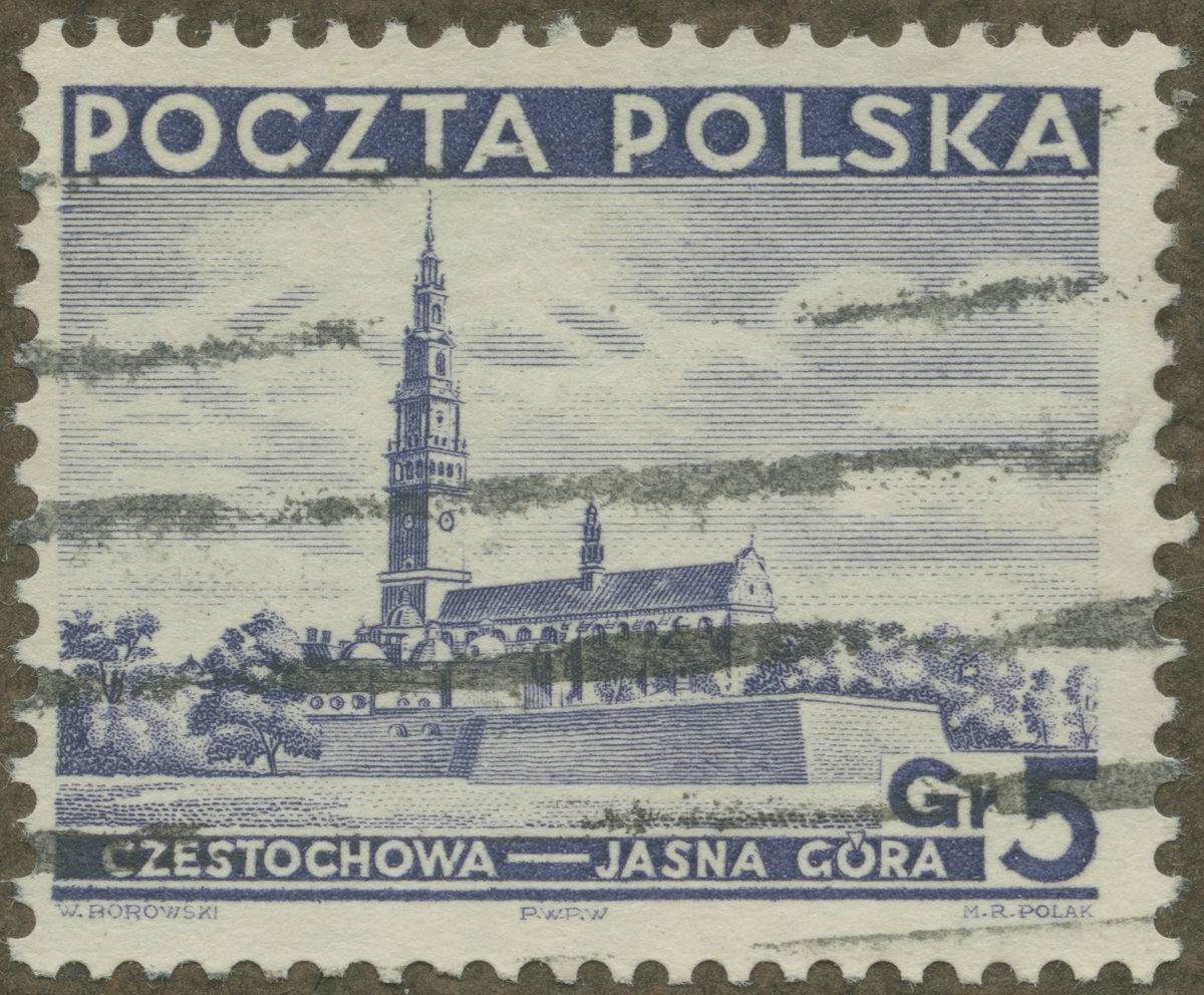 Frimärke ur Gösta Bodmans filatelistiska motivsamling, påbörjad 1950.
Frimärke från Polen, 1937. Motiv av kyrkan och klostret Jasna Góra i Czestochowa.