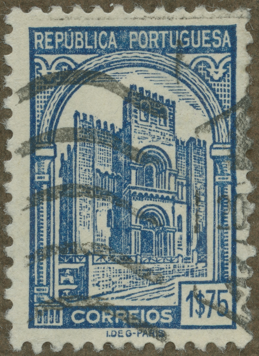 Frimärke ur Gösta Bodmans filatelistiska motivsamling, påbörjad 1950.
Frimärke från Portugal, 1935. Motiv av katedralen i Coimbra.