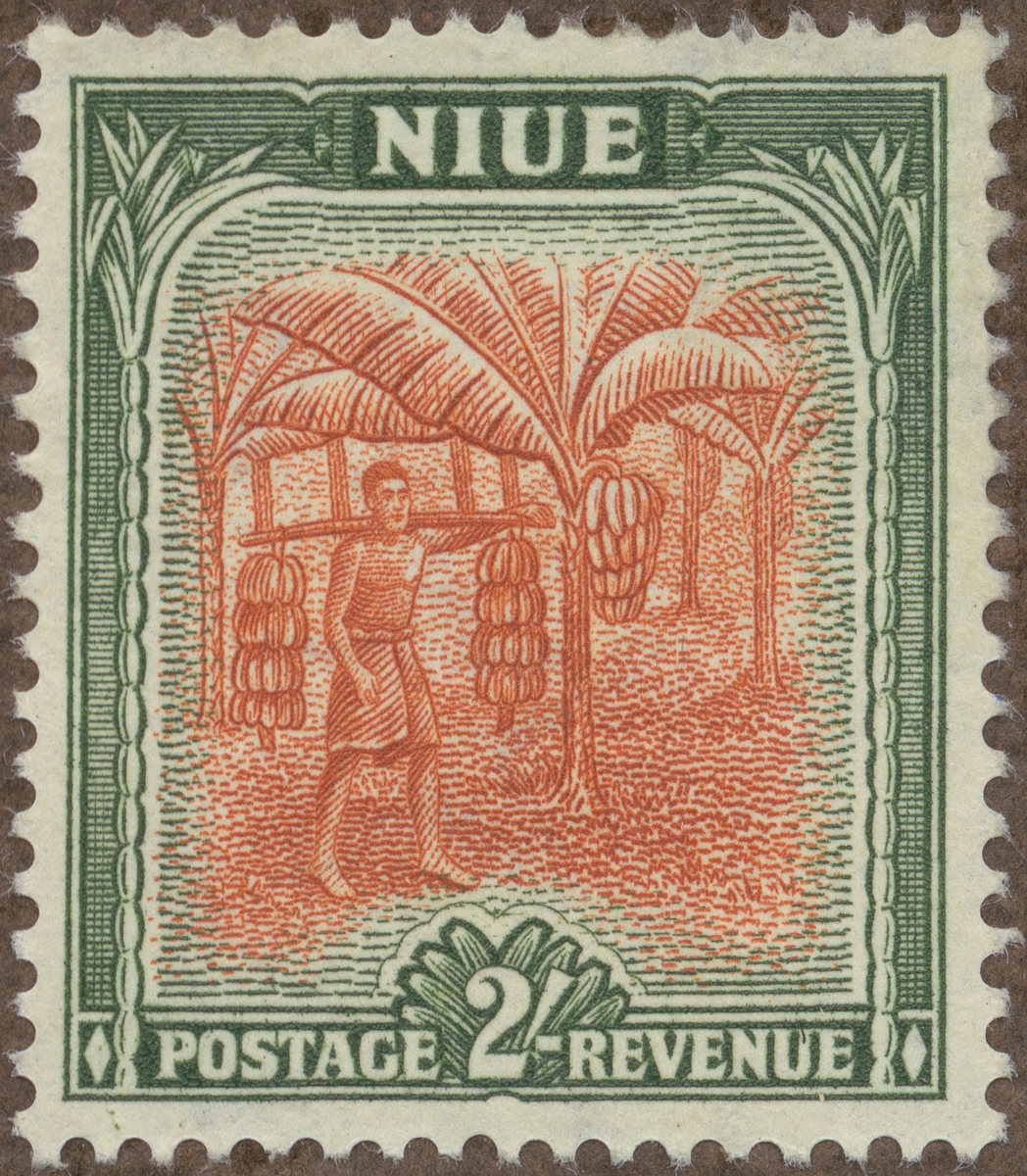 Frimärke ur Gösta Bodmans filatelistiska motivsamling, påbörjad 1950.
Frimärke från Niue, 1950. Motiv av bananer.