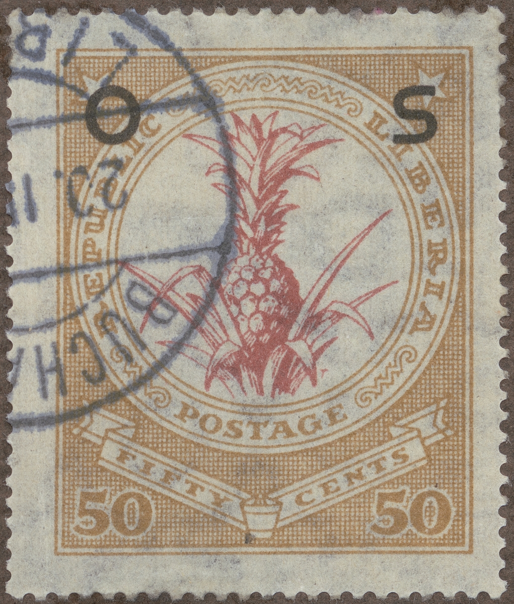 Frimärke ur Gösta Bodmans filatelistiska motivsamling, påbörjad 1950.
Frimärke från Liberia, 1923. Motiv av ananasplanta.