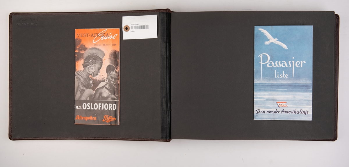 Album med fotografier fra cruise med M/S 'Oslofjord' (b.1949) til Vest-Afrika i 1958. Albumet inneholder også programmer, menyer, hotellinformasjon, postkort og en plastpose.