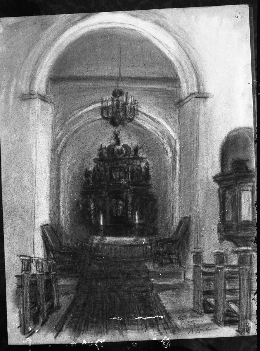 Avfotografert tegning av interiør i Hoff kirke.
