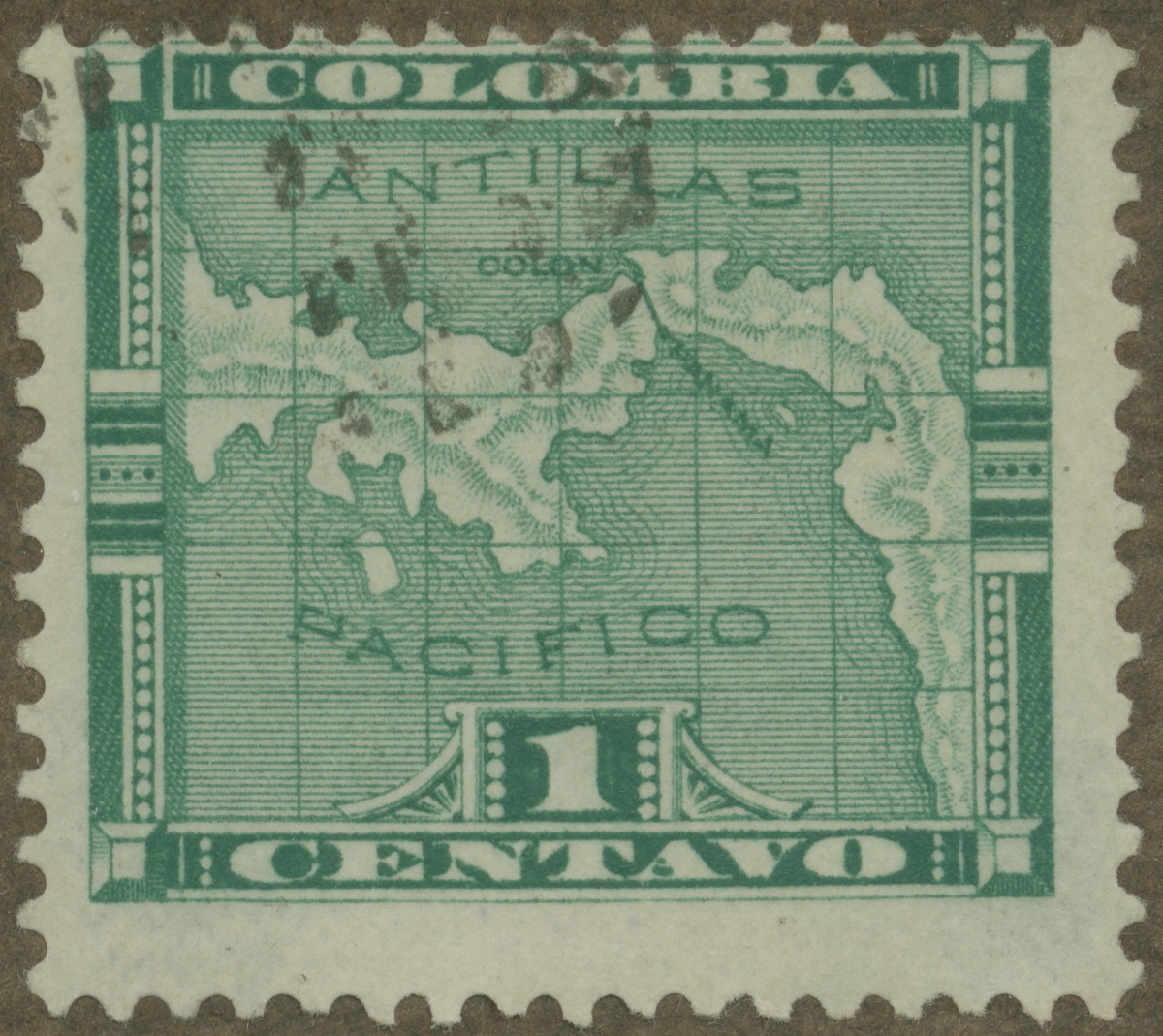 Frimärke ur Gösta Bodmans filatelistiska motivsamling, påbörjad 1950.
Frimärke från Panama, 1892. Motiv av karta över Panama med departementet Colombia.