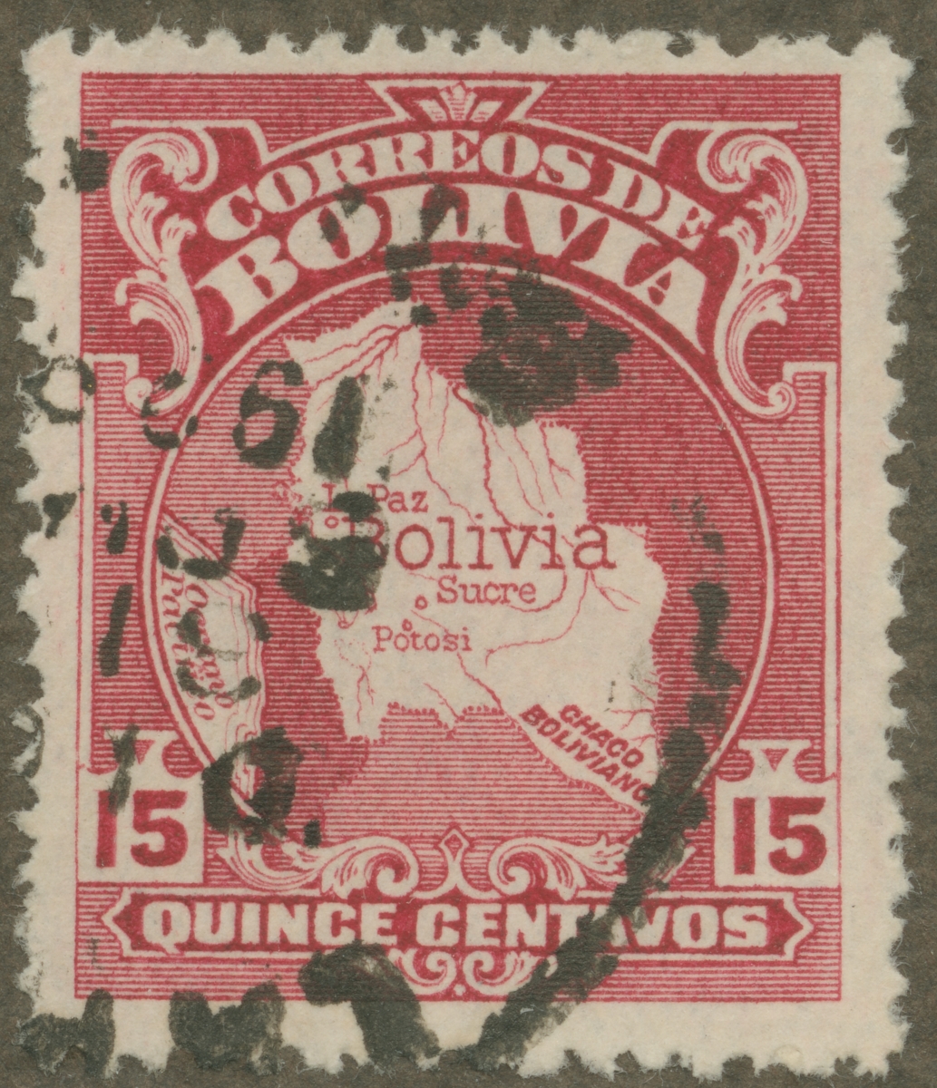 Frimärke ur Gösta Bodmans filatelistiska motivsamling, påbörjad 1950.
Frimärke från Bolivia, 1928. Motiv av karta över Bolivia.