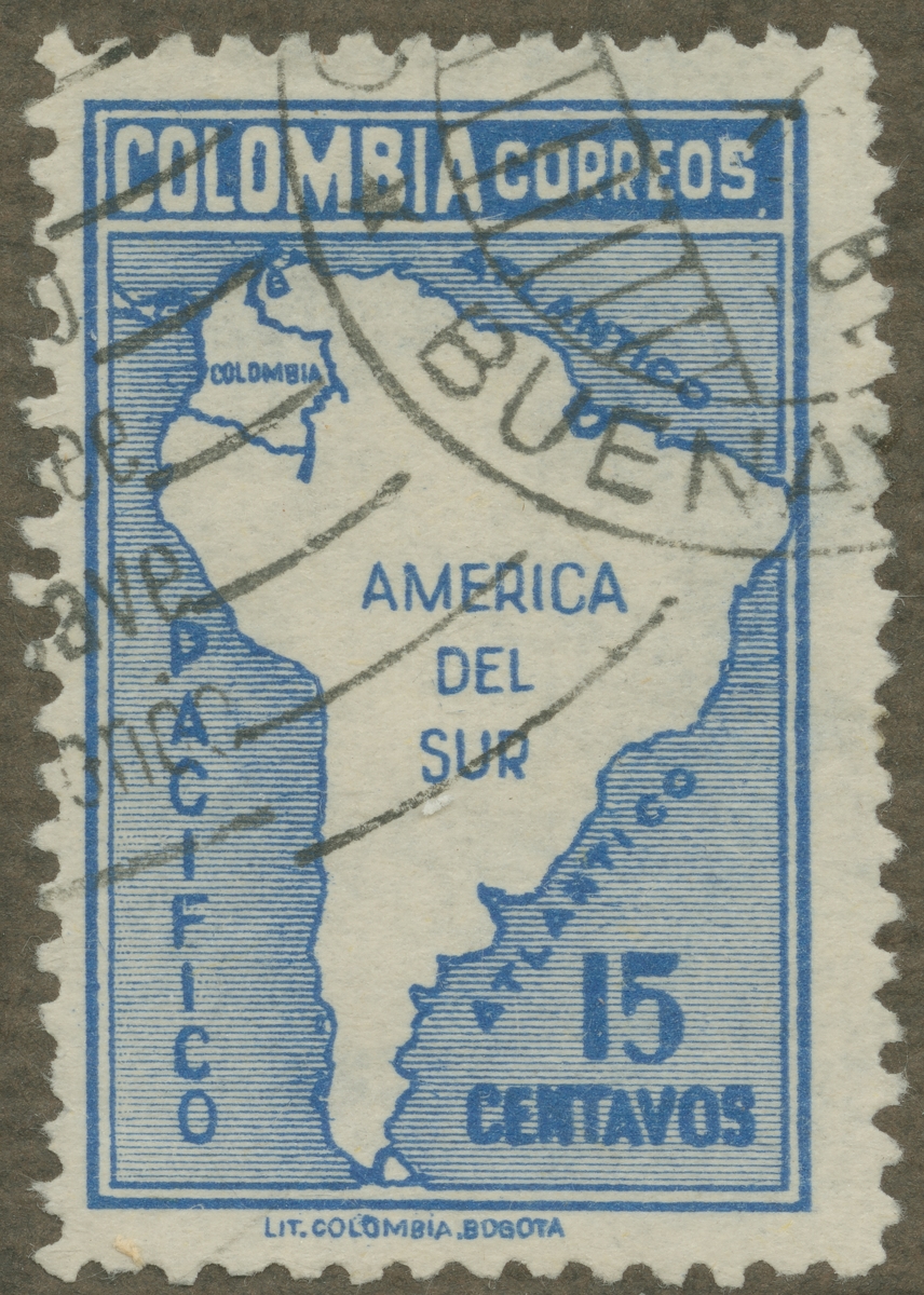 Frimärke ur Gösta Bodmans filatelistiska motivsamling, påbörjad 1950.
Frimärke från Colombia, 1946. Motiv av Colombias läge på Sydamerikas karta.