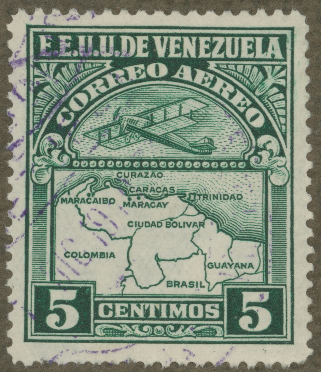 Frimärke ur Gösta Bodmans filatelistiska motivsamling, påbörjad 1950.
Frimärke från Venezuela, 1930. Motiv av karta över Venezuela och enmotorigt biplan.