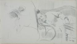 "Min mor", 1877. Erik Werenskiold har laget en skisse. Motivet er hans mor som sover på en soffa.
