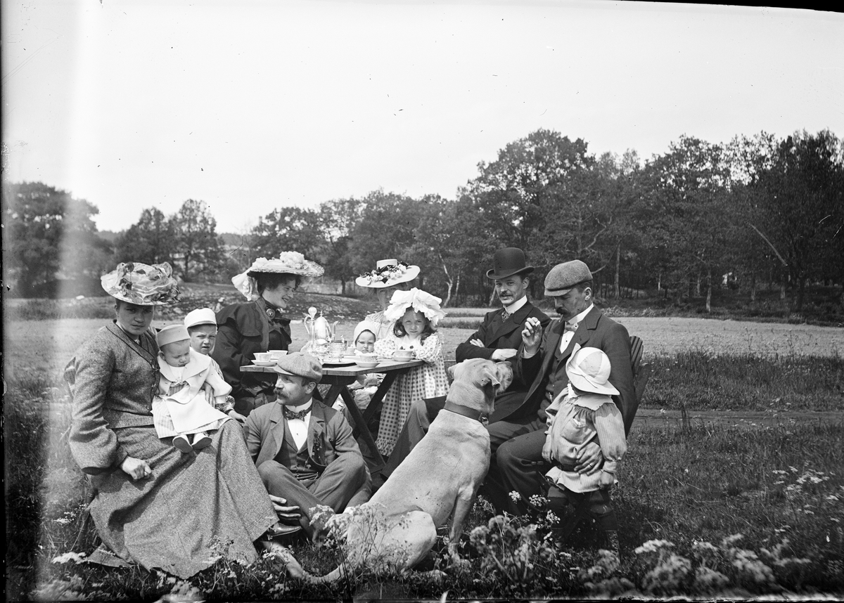 Kaffebjudning i trädgården. Ruben och Christiane Liljefors med sonen Roland och två andra kvinnor och män, barn och hund, sannolikt i Sverige 1902-1903