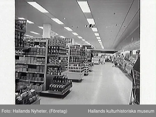 Bilder i samband med tidningsartikeln "Nya Domusvaruhuset klart efter om- och tillbyggnad", publicerad i Hallands Nyheter, 1970-06-15. 
Bild G8284: Disponent Eric Engdahl och Bertil Emanuelsson står vid en skohylla.
Bild G8285: Vy längs stråk utmed hyllgavlar.