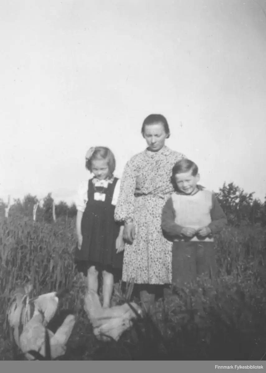 En kvinne og to barn fotografert på et jorde i Oterbekken i Nesseby. De er Anna Agnethe Mathisen, hennes mor Bigga Iversen Mathisen og Reidar Mathisen.