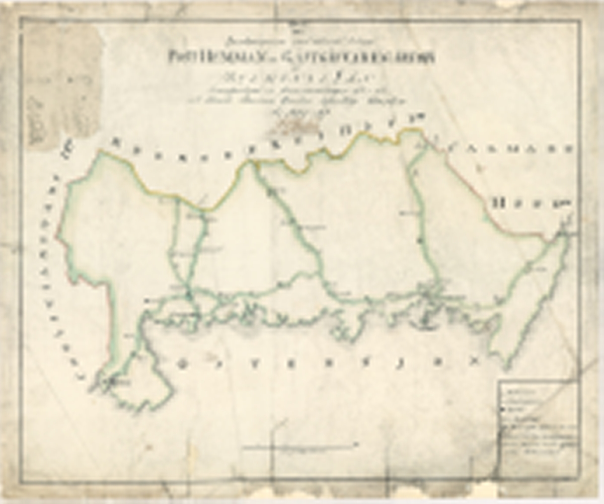 Karta som visar landsvägar, posthemman och gästgivargårdar i Blekinge län. Kartan från år 1827 och är ritad och kolorerad för hand. På kartbladet sitter två statsstämplar på 4 skilling klistrade.