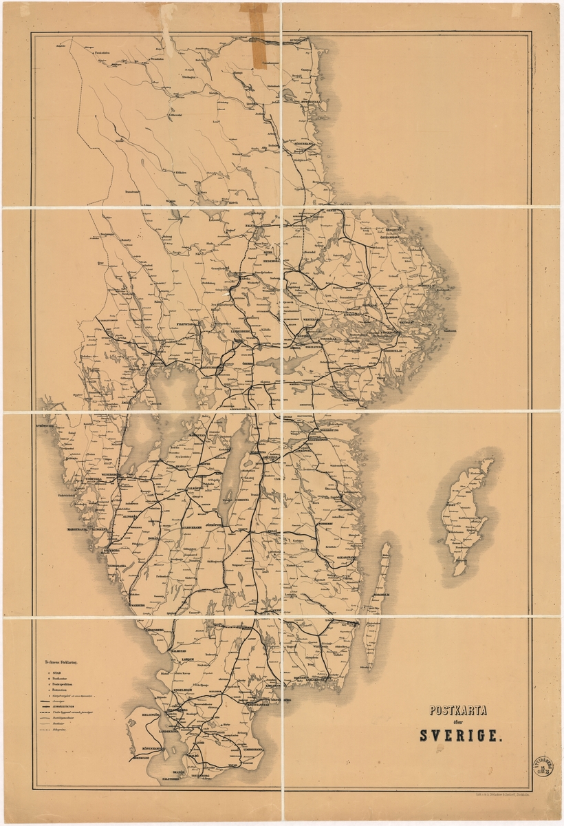 Postkarta över Sverige, utgiven 1873. Kartan visar södra Sverige. Tillverkad i papper, uppfordrat på väv. Med poststämpel i marginalen nere till höger.