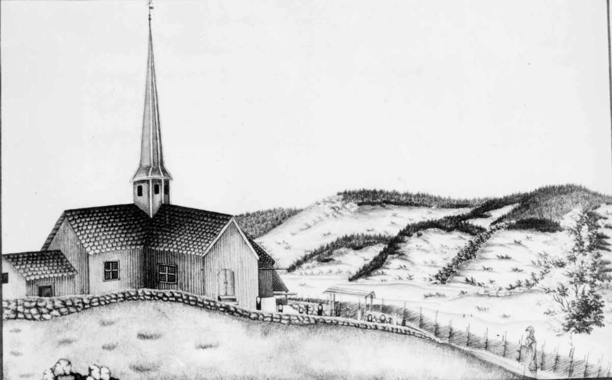 Repro: Foto av tegning av Lillehammer gamle kirke.