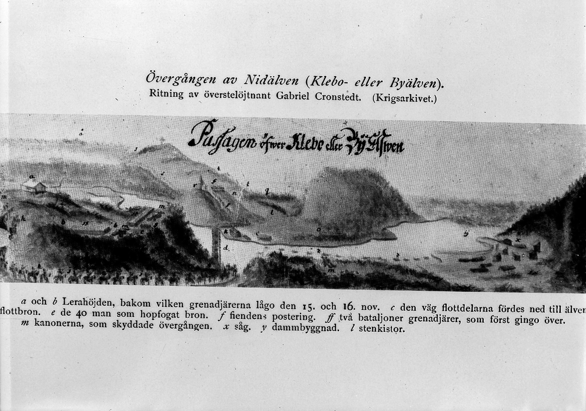Tegning over Nidelva mellom Leirfossene av den svenske oberstløytnant Cronstedt