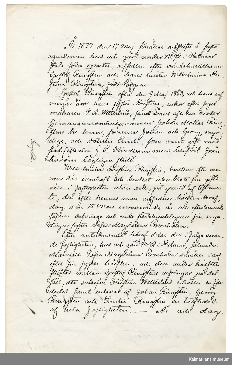 KLM 46339:37. Arkivhandling, dokument. Handskriven text på tre av fyra sidor på vitt papper.