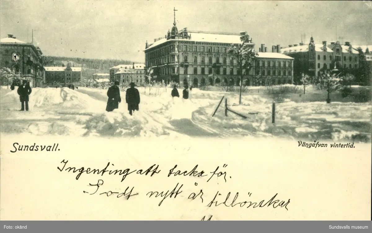 Vykort med vintermotiv av Vängåvan i Sundsvall.