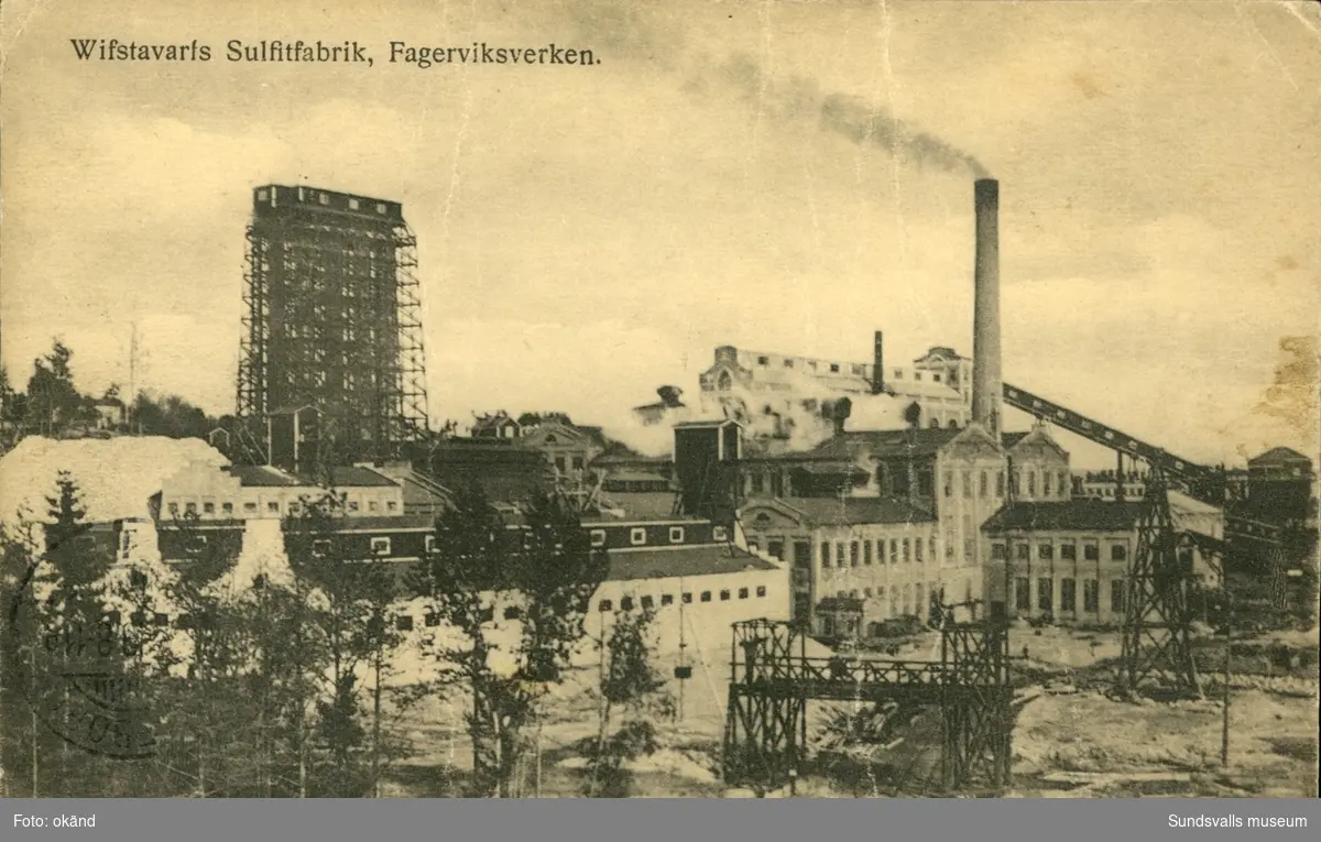 Vykort med motiv över Vivstavarvs Sulfitfabrik, Fagerviksverken i Timrå.